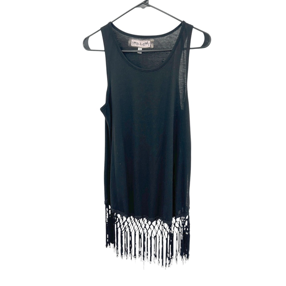 Black Fringe Tank Top L Swim Cover Boho Western Festival Tunic Indie Y2K